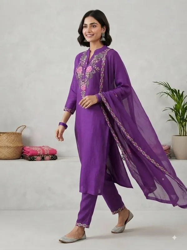 WomenCotton_Kashmeri__Embroidery_Kurti_With_Pant_and_Dupatta