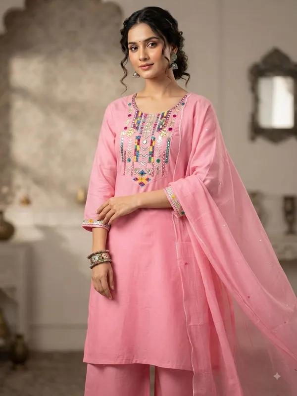 Women_RAYON__Cotton_Embroidery_Kurti_With_Pant_and_Dupatta