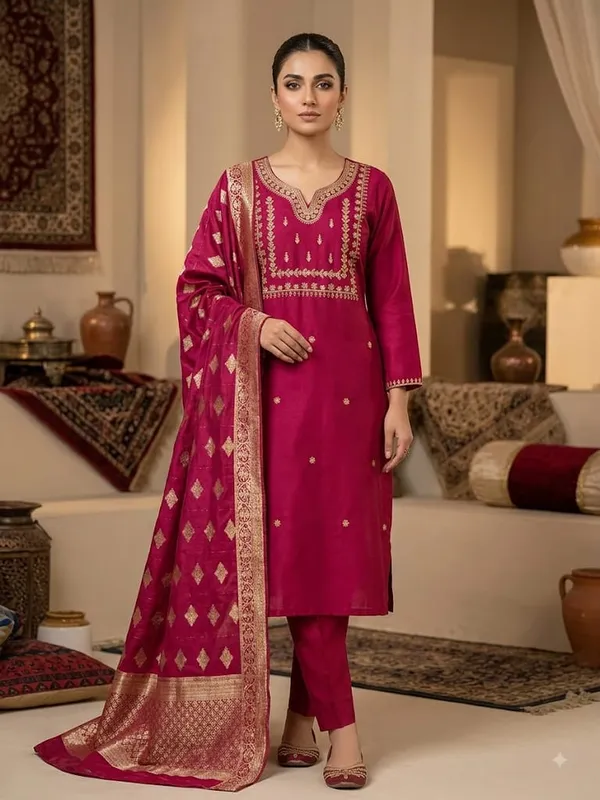 Women_RAYON__Cotton_Embroidery_Kurti_With_Pant_and_Dupatta