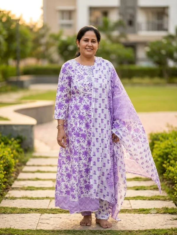 Women_Cotton_Kurti_With_Pant_And_Dupatta_Set