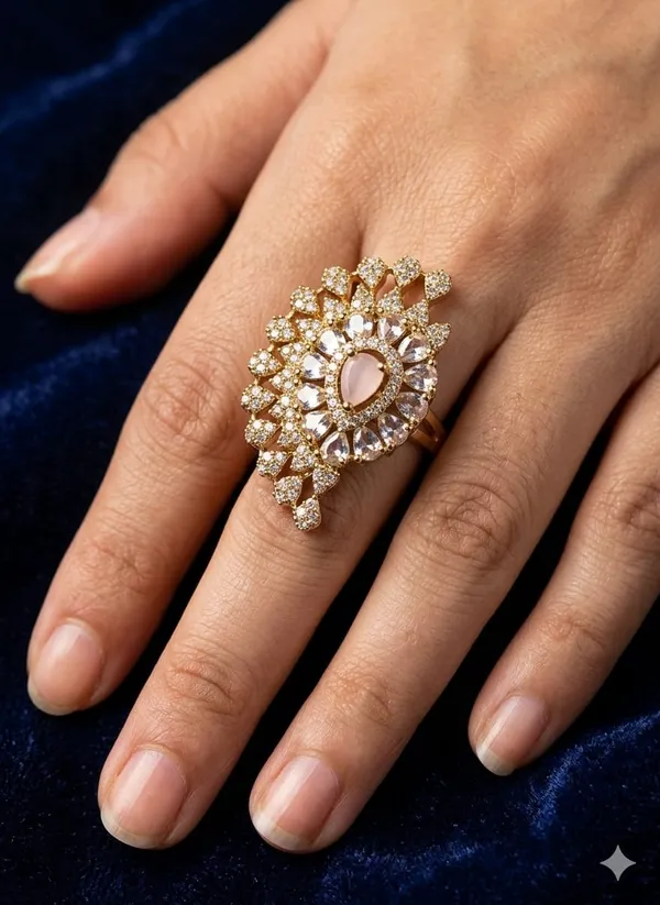 vLuxury_Peacock_Feather_Statement_Ring_for_Women_|_Gold_Plated_Adjustable_Cocktail_Ring_with_Pink_Crystal_&_Cubic_Zirconia_Stones_|_Designer_Party_Wear_Fashion_Jewelry_