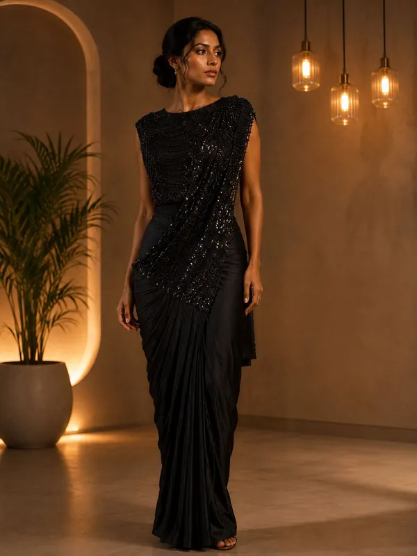 Black_Lycra_Sequin_Embellished_Draped_Saree_For_Women