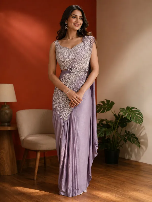 Lavender_Lycra_Embroidered_Draped_Saree_For_Women
