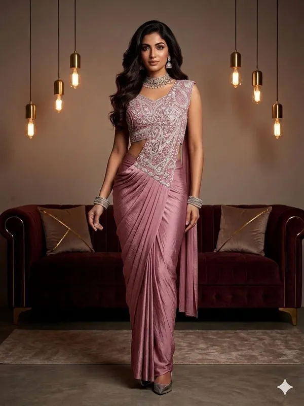 Rose_Pink_Lycra_Embellished_Saree_With_Blouse_For_Women