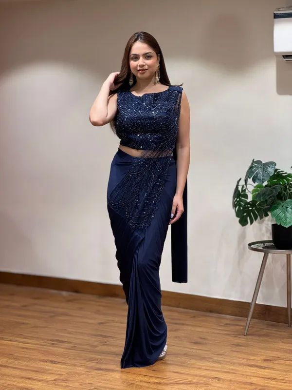 Navy_Blue_Lycra_Sequin_Embellished_Saree_With_Blouse_For_Women