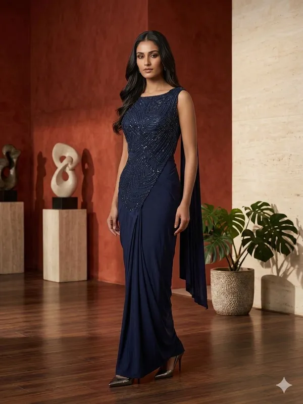 Navy_Blue_Lycra_Sequin_Embellished_Draped_Saree_Gown_For_Women