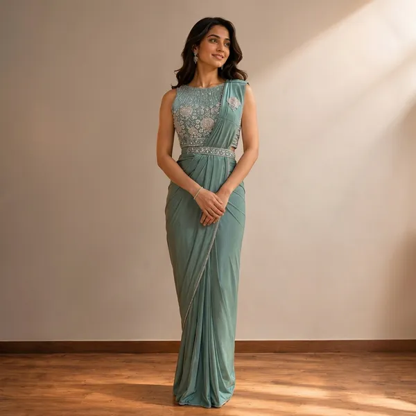 Sage_Green_Lycra_Embellished_Pre-Draped_Saree_Gown_For_Women