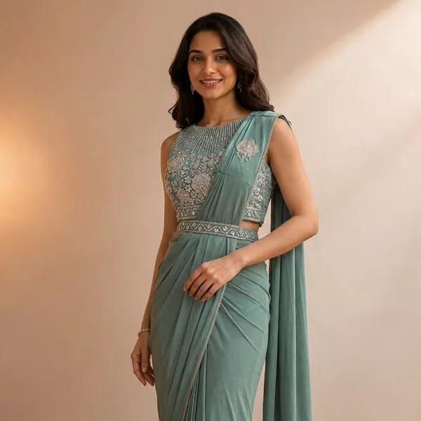 Sage_Green_Lycra_Embellished_Pre-Draped_Saree_Gown_For_Women