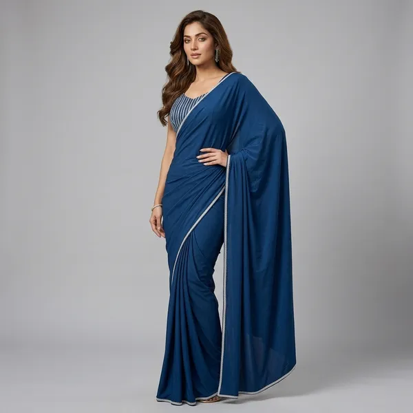 Navy_Blue_Lycra_Striped_Silver_Border_Saree_For_Women