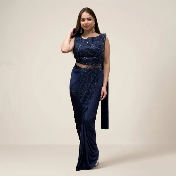 Navy_Blue_Lycra_Sequin_Embellished_Saree_With_Blouse_For_Women