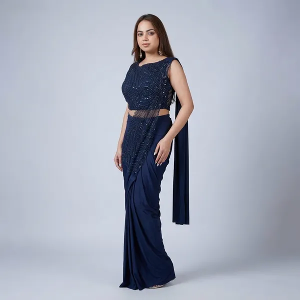 Navy_Blue_Lycra_Sequin_Embellished_Saree_With_Blouse_For_Women