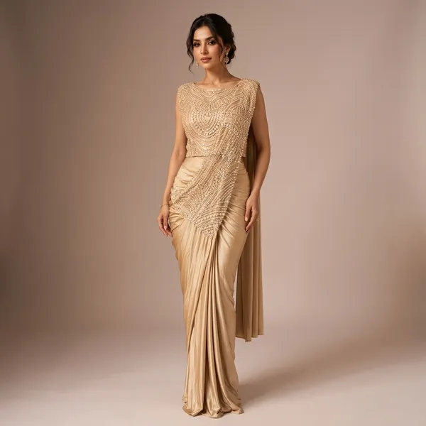 Beige_Lycra_Embellished_Draped_Saree_Gown_For_Women