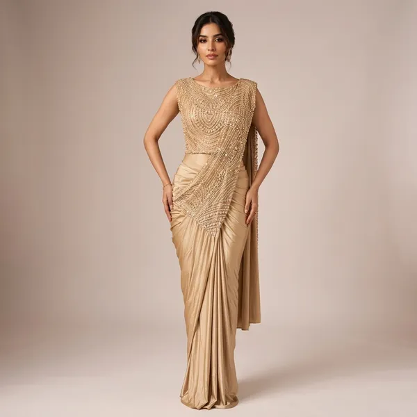 Beige_Lycra_Embellished_Draped_Saree_Gown_For_Women