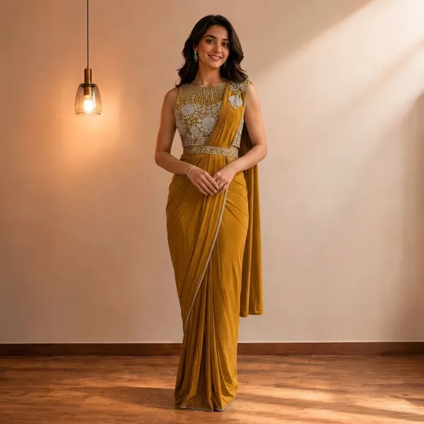 Mustard_Gold_Lycra_Embellished_Draped_Saree_Gown_For_Women