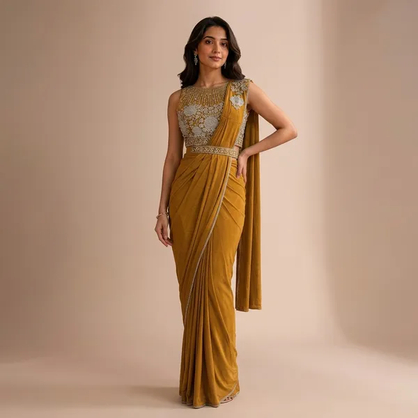 Mustard_Gold_Lycra_Embellished_Draped_Saree_Gown_For_Women