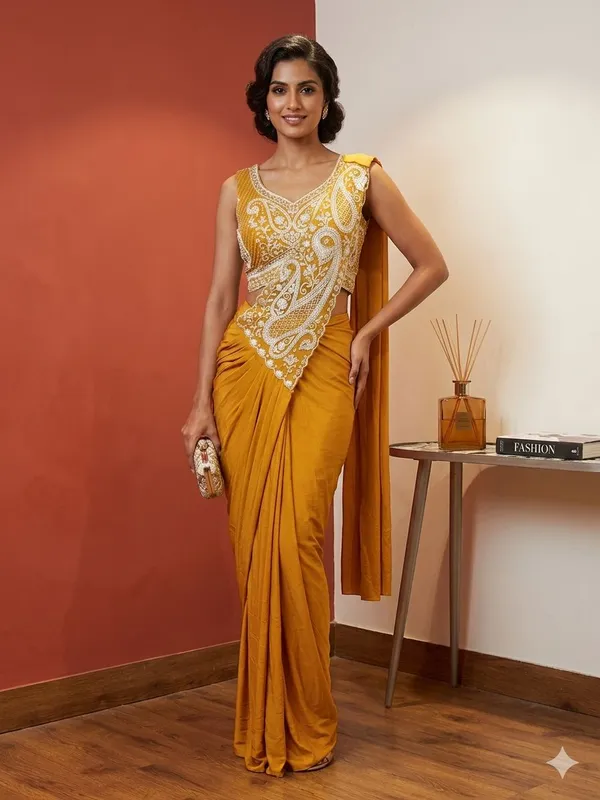 Mustard_Yellow_Lycra_Embellished_Saree_With_Contrast_Blouse_For_Women