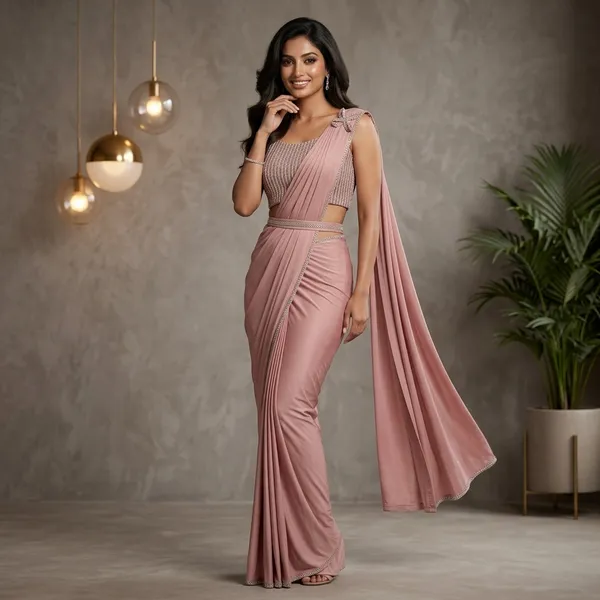 Rose_Pink_Lycra_Pre-Draped_Saree_With_Embellished_Blouse_For_Women