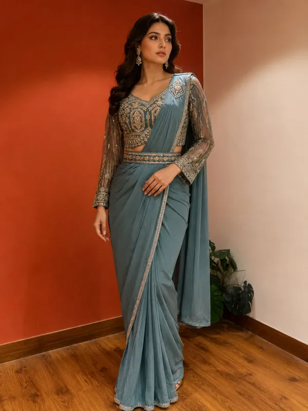 Teal_Georgette_Embellished_Saree_With_Blouse_For_Women