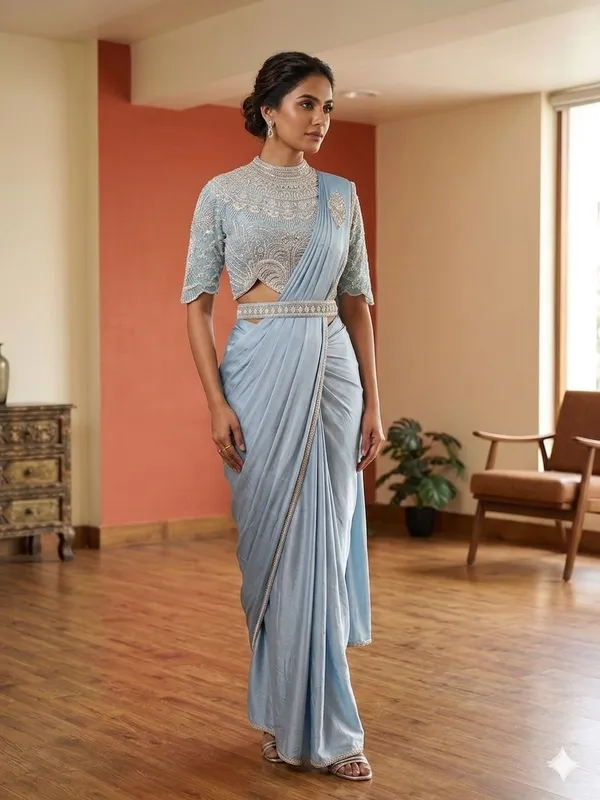 Powder_Blue_Lycra_Embroidered_Saree_Gown_For_Women