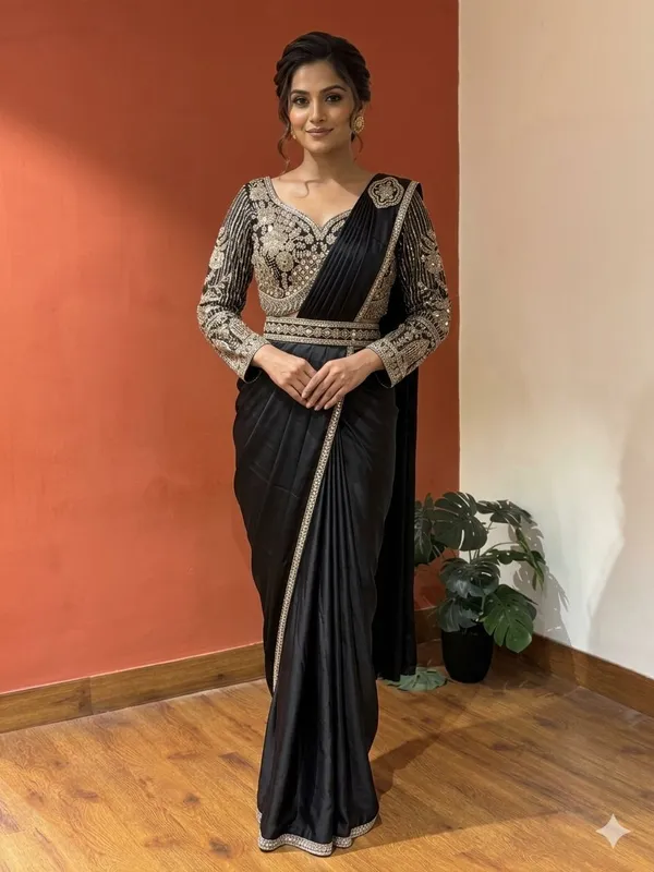 Black_Satin_Embroidered_Saree_With_Embellished_Blouse_For_Women