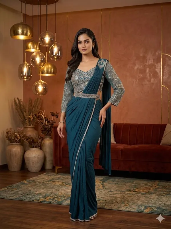 Teal_Blue_Lycra_Embellished_Saree_Gown_For_Women