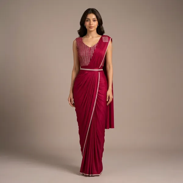 Maroon_Lycra_Striped_Blouse_Pre-Stitched_Saree_With_Belt_For_Women