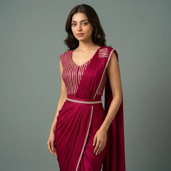 Maroon_Lycra_Striped_Blouse_Pre-Stitched_Saree_With_Belt_For_Women
