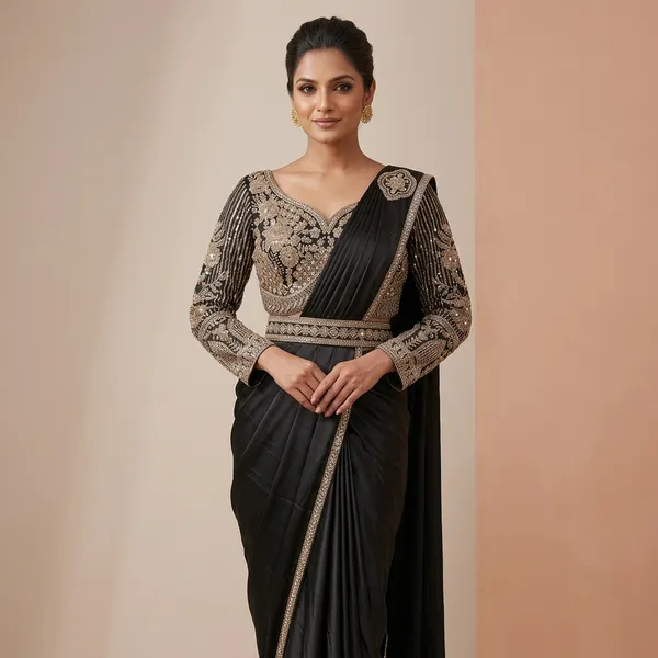 Black_Satin_Embroidered_Saree_With_Embellished_Blouse_For_Women