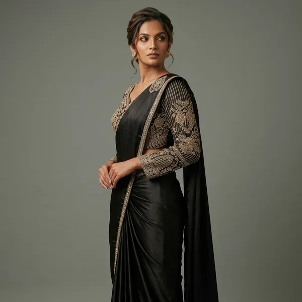 Black_Satin_Embroidered_Saree_With_Embellished_Blouse_For_Women