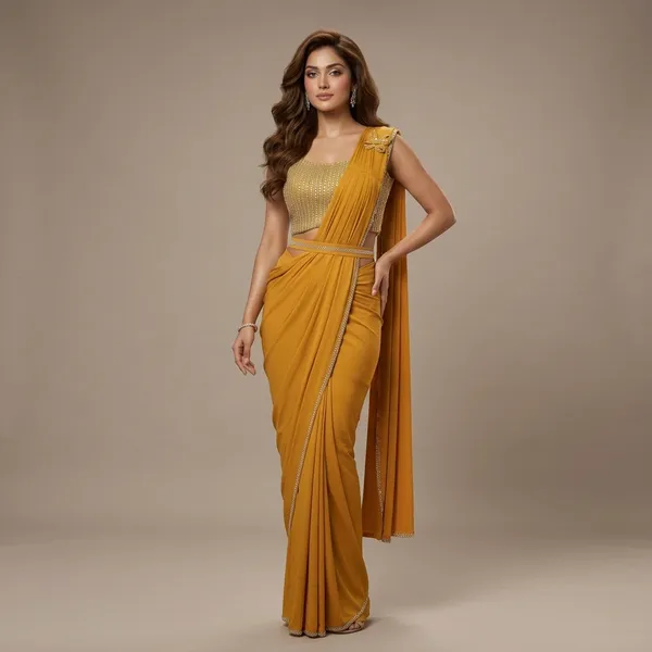 Mustard_Yellow_Lycra_Embellished_Pre-Draped_Saree_For_Women