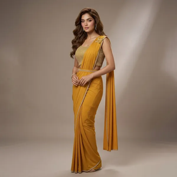 Mustard_Yellow_Lycra_Embellished_Pre-Draped_Saree_For_Women