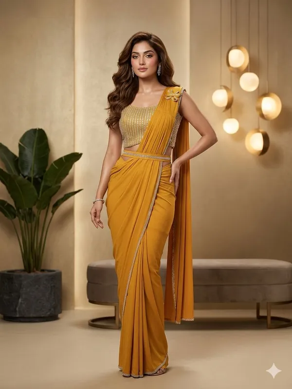 Mustard_Yellow_Lycra_Embellished_Pre-Draped_Saree_For_Women
