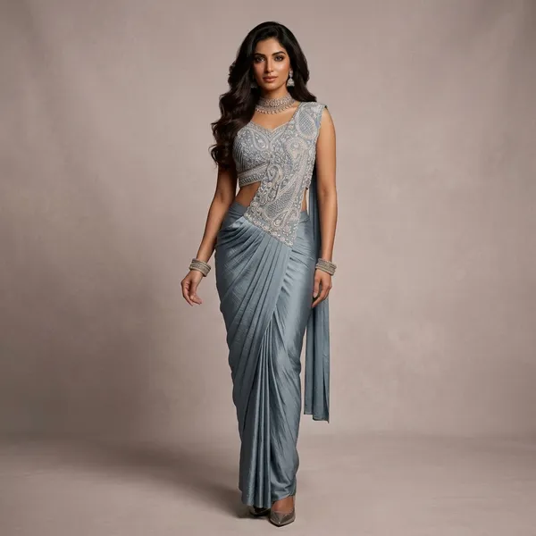 Grey_Satin_Embellished_Pre-Draped_Saree_For_Women