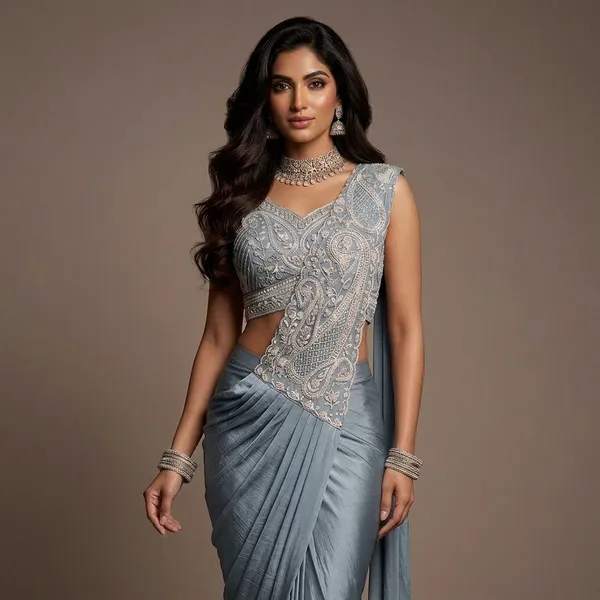 Grey_Satin_Embellished_Pre-Draped_Saree_For_Women