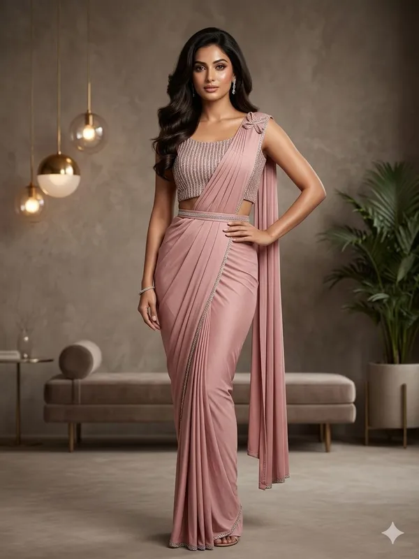 Rose_Pink_Lycra_Pre-Draped_Saree_With_Embellished_Blouse_For_Women