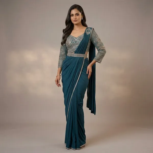 Teal_Blue_Lycra_Embellished_Saree_Gown_For_Women