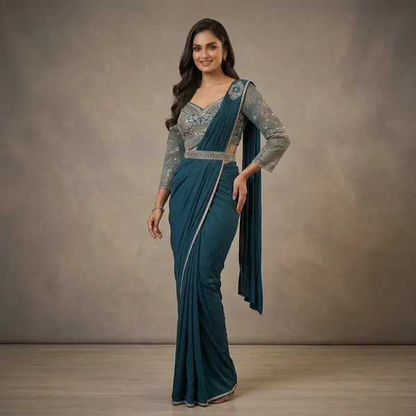 Teal_Blue_Lycra_Embellished_Saree_Gown_For_Women