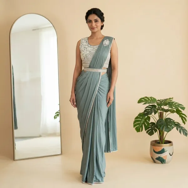 Grey_Lycra_Embellished_Pre-Draped_Saree_For_Women