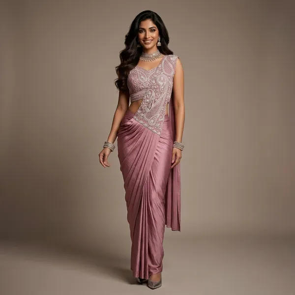 Rose_Pink_Lycra_Embellished_Saree_With_Blouse_For_Women