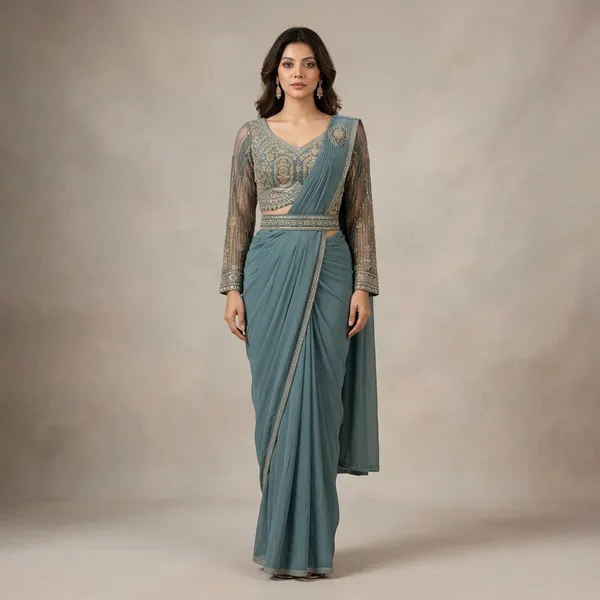 Teal_Georgette_Embellished_Saree_With_Blouse_For_Women