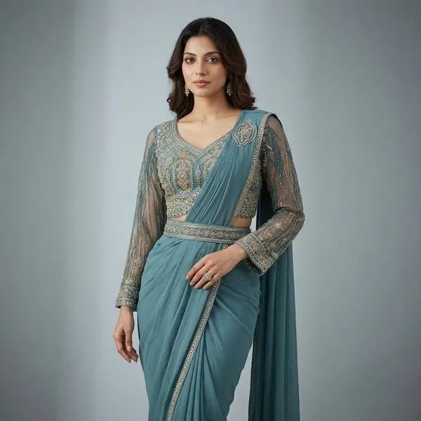 Teal_Georgette_Embellished_Saree_With_Blouse_For_Women