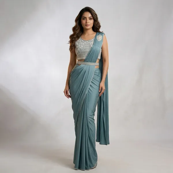 Teal_Blue_Lycra_Embellished_Blouse_Pre-Stitched_Saree_For_Women