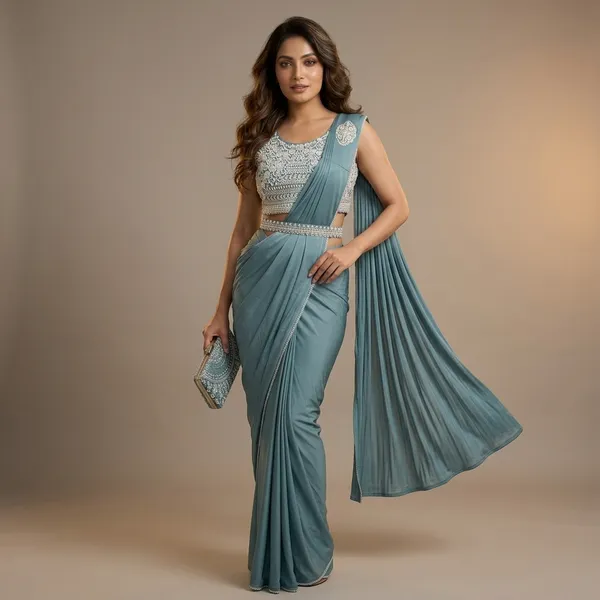 Teal_Blue_Lycra_Embellished_Blouse_Pre-Stitched_Saree_For_Women