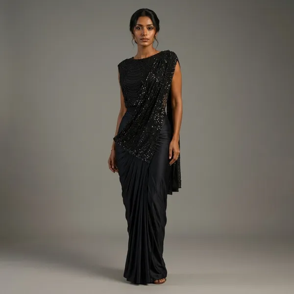 Black_Lycra_Sequin_Embellished_Draped_Saree_For_Women