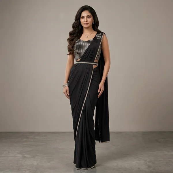 Black_Lycra_Embellished_Saree_With_Striped_Blouse_For_Women
