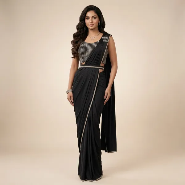 Black_Lycra_Embellished_Saree_With_Striped_Blouse_For_Women