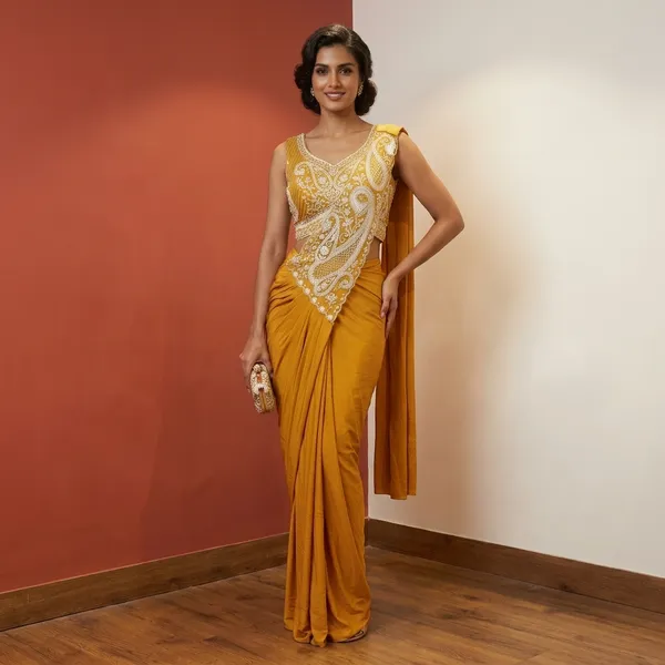 Mustard_Yellow_Lycra_Embellished_Saree_With_Contrast_Blouse_For_Women