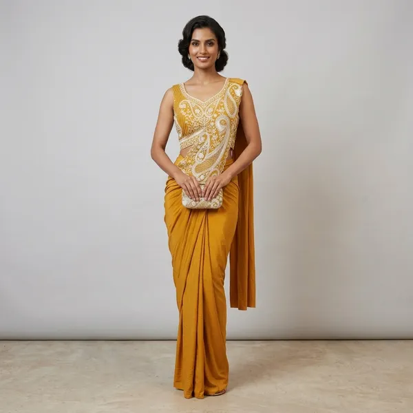 Mustard_Yellow_Lycra_Embellished_Saree_With_Contrast_Blouse_For_Women