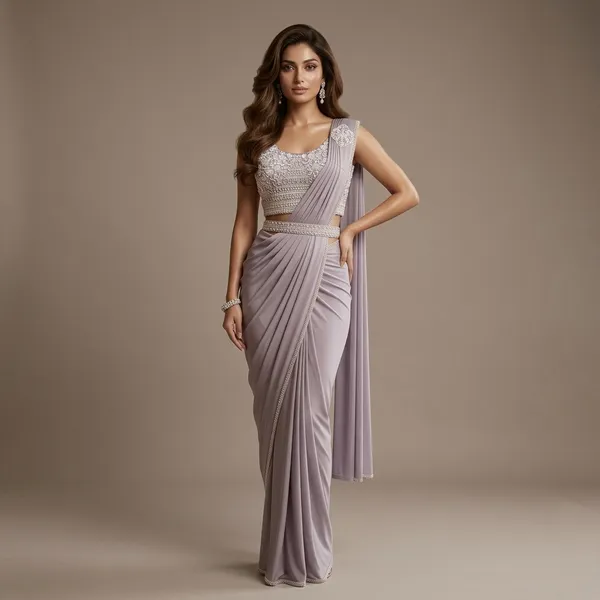 Lavender_Lycra_Pre-Draped_Saree_With_Embellished_Blouse_For_Women