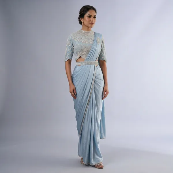 Powder_Blue_Lycra_Embroidered_Saree_Gown_For_Women